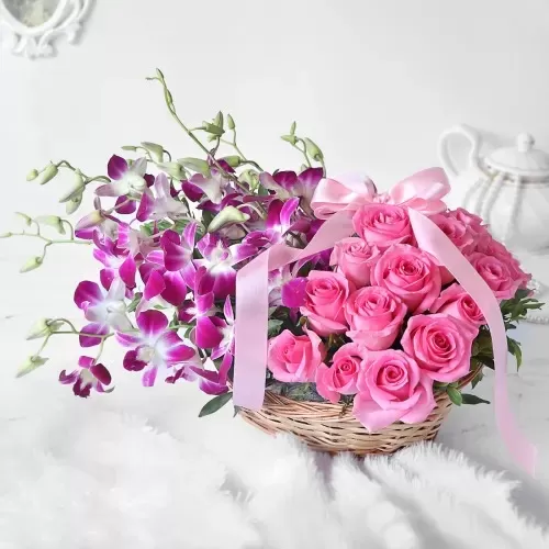Gorgeous Purple Orchids & Pink Roses in Basket Arrangement
